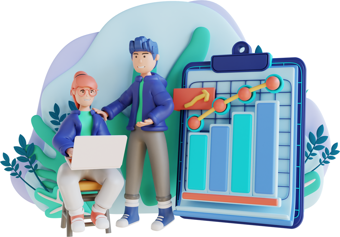 3D illustration character analysis data report goes up